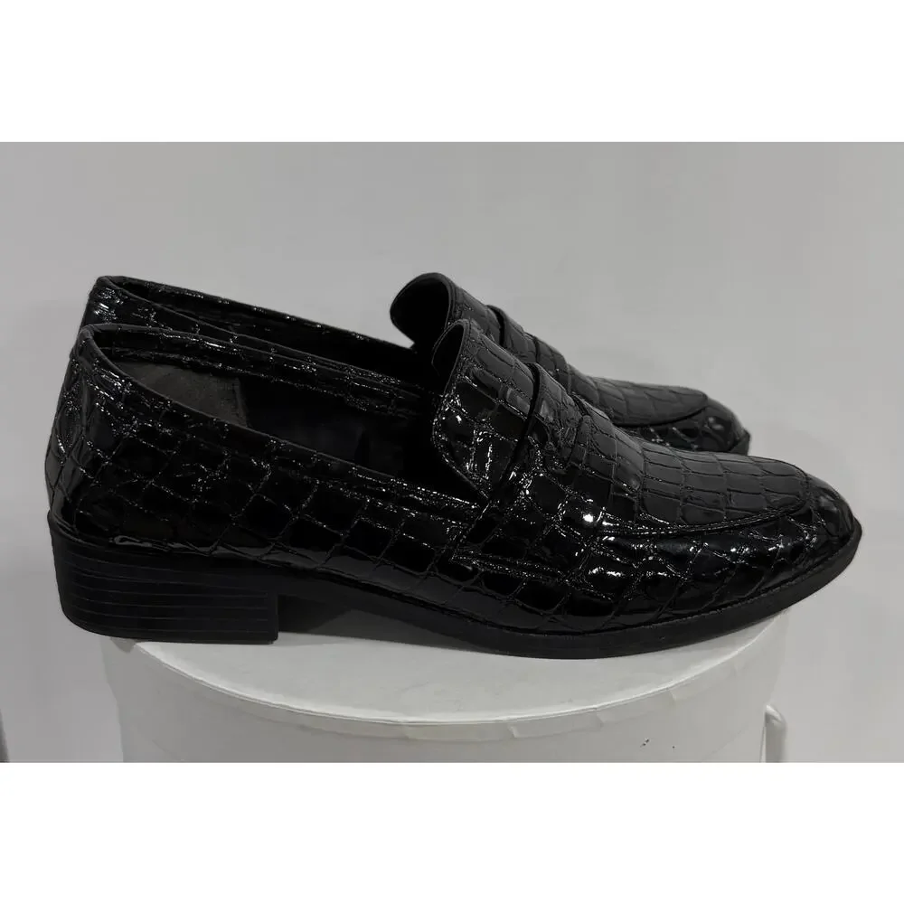 ALDO Black Croc Embossed Patent Penny Loafers Women's Size 7 Preppy Dress Shoes